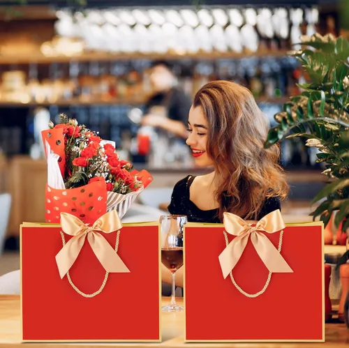 Miniatura 5 de Silkfly 12 bolsas de regalo con asas para dama de honor, 12 x 10 x 4 pulgadas, elegantes bolsas de regalo de bienvenida de boda con lazo para Rojo