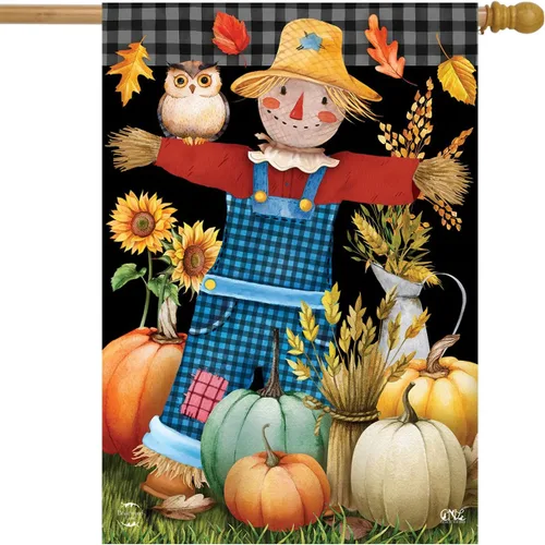 Briarwood Lane Bandera de casa de otoño de espantapájaros, calabaza, búho, otoño, 28 x 40 pulgadas