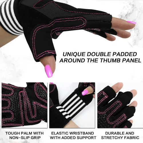 Miniatura 3 de Guantes de levantamiento de pesas para mujer, entrenamiento de gimnasio con soporte de muñeca, guantes acolchados de medio dedo para ejercicio