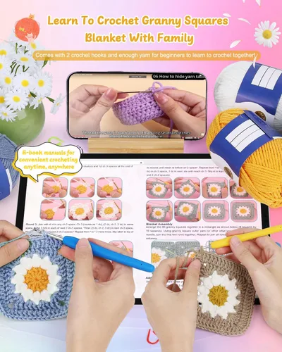Miniatura 2 de Kit de Ganchillo Coopay para Principiantes para Manta, Kit de Ganchillo de Cuadrados de Abuela con Instrucciones y Suficiente Hilo, Juego Completo