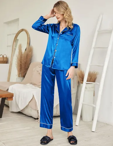 Miniatura 3 de Ekouaer Conjunto de pijama de satén largo clásico de verano para mujer