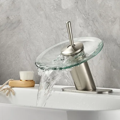 Miniatura 11 de Grifo de baño cascada de latón macizo de vidrio de una sola manija de un solo agujero lavabo lavabo grifo de baño, corto, bronce aceitado Bronce