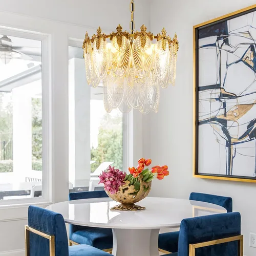 Miniatura 8 de Antique Chandeliers 2-Layer Gold Crystal Glass Chandelier, 4-Light Round Pendant Light 17.7" Brushed Brass Adjustable Height, Applicable to Dining