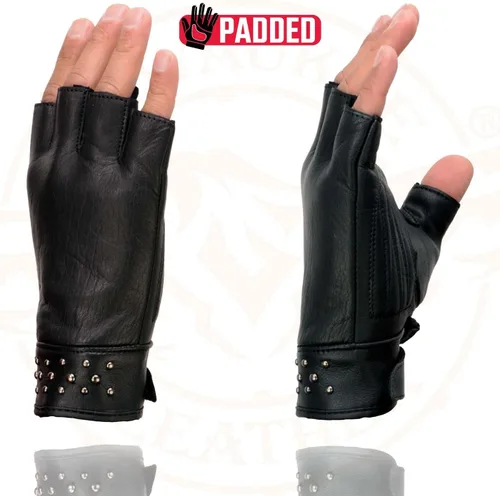 Miniatura 6 de Milwaukee Leather MG7761 - Guantes sin dedos de cuero negro con palma de gel para mujer, con elegantes «detalles en la muñeca» para motocicleta