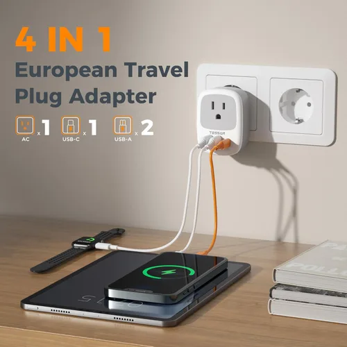 Miniatura 3 de Paquete de 2 adaptadores de enchufe de viaje europeo, TESSAN adaptador de enchufe de EE. UU. a Europa con 3 puertos USB (1 USB C), toma de corriente