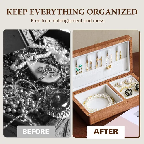 Miniatura 5 de LadyRosian Joyero pequeño de madera Mini joyero de viaje de madera, organizador portátil para anillos, aretes, collares y pulseras, almacenamiento