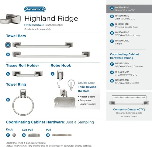 Miniatura 4 de Amerock BH36013G10 Toallero de níquel cepillado Toallero de 18 pulgadas (17.992 in) Highland Ridge Toallero de baño Accesorios de baño