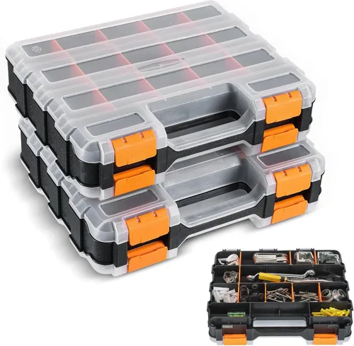 NATGAI Paquete de 2 organizadores de piezas pequeñas, caja de herramientas de doble cara con 34 compartimentos con separadores extraíbles para