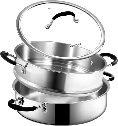 Miniatura 8 de SLOTTET Sartén de acero inoxidable de tres capas con tapa, sartén profunda de 5 cuartos de galón con cómodo mango de silicona, sartén de 11.5