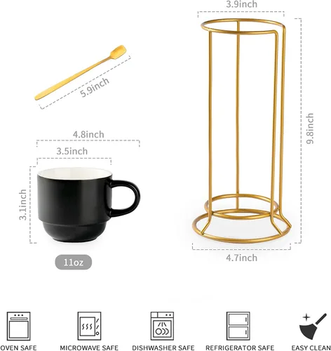 Miniatura 2 de YHOSSEUN Juego de 4 tazas de café apilables de porcelana con estante, tazas de café expreso con cucharas de soporte, tazas de café demitasse de 11