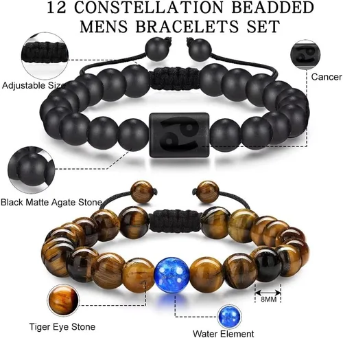 Miniatura 3 de Pulseras del zodiaco para hombres y mujeres, hechas a mano de 0.315 in de ojo de tigre natural y piedra de ágata mate para hombre, pulseras