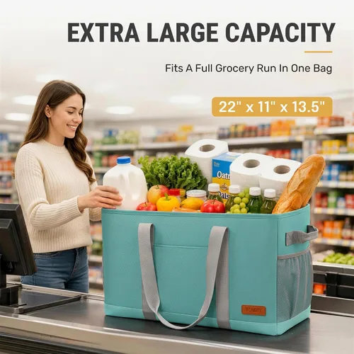 Miniatura 5 de WONDAY Portador de Bolsa de Compras Reutilizable Extra Grande de Pie con Asa, Treinta y Una Bolsa Utilitaria Plegable para Compras y Playa Verde