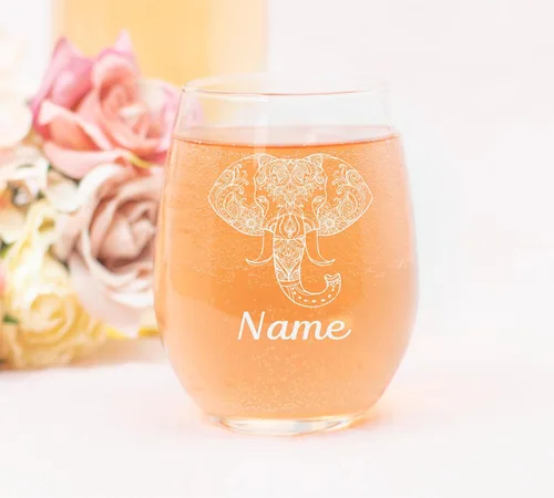 Miniatura 3 de C M Copa de vino personalizada sin tallo de elefante con nombre, regalo temático de elefante personalizado para mujeres y hombres, vidrio