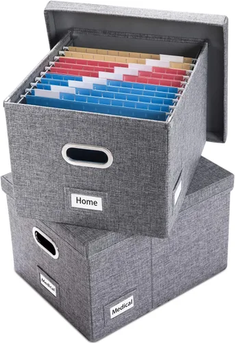 Miniatura 19 de PRANDOM Caja Organizadora de Archivos - Juego de 2 Cajas Plegables Decorativas de Lino para Almacenamiento de Archivos Colgantes con Tapas para Gris