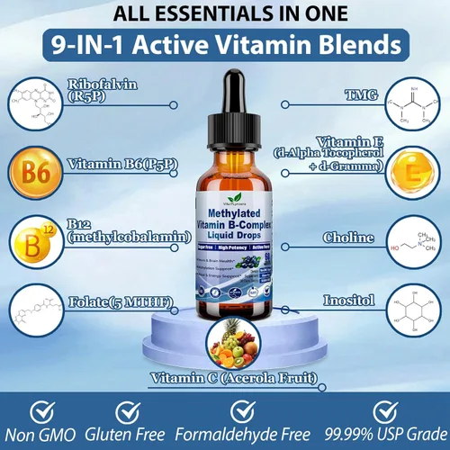 Miniatura 2 de Paquete de 2 Gotas Líquidas de Complejo B Metilado Completo 9-en-1 Vitaminas Metil B con B12 Metilfolato Inositol Colina TMG Vitamina C E, Súper