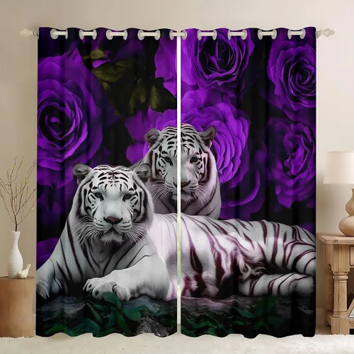 Miniatura 33 de Erosebridal Cortinas de Rosas Rojas 3D Tratamientos para Ventanas de Guepardo, Paneles de Cortinas con Estampado de Gato Leopardo para Sala