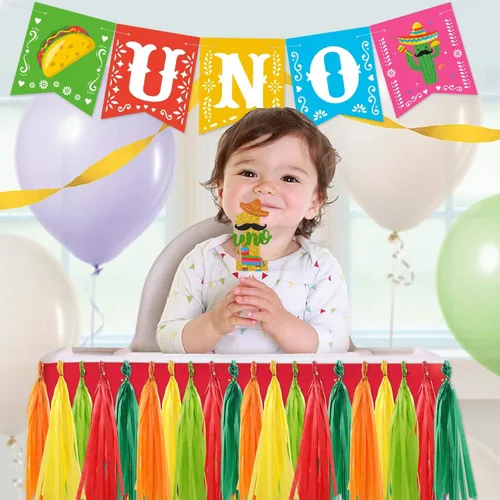 Miniatura 5 de Decoración de fiesta mexicana para el primer cumpleaños, pancarta para silla de bebé, decoración de tarta, adorno de taco, borla de papel, guirnalda