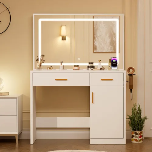 Miniatura 2 de Sweetcrispy Escritorio de tocador con espejo LED de 35.4" y luces, mesa de maquillaje con estación de carga (2AC/USB/C), 2 cajones y gabinete