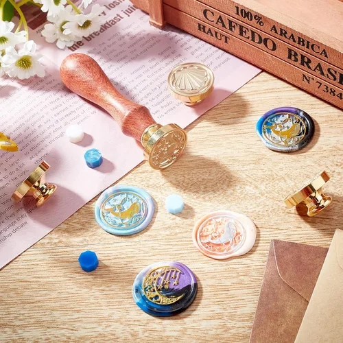 Miniatura 3 de CRASPIRE Sello de cera con diseño de luna y estrellas, estilo vintage, bohemio, 0.98 pulgadas, sello de latón extraíble con mango de madera