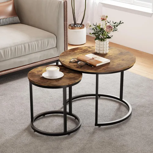 Miniatura 11 de Smuxee - Juego de 2 mesas de café anidadas, mesa redonda de café de 23.6" de madera marrón con pies antideslizantes ajustables, mesa auxiliar