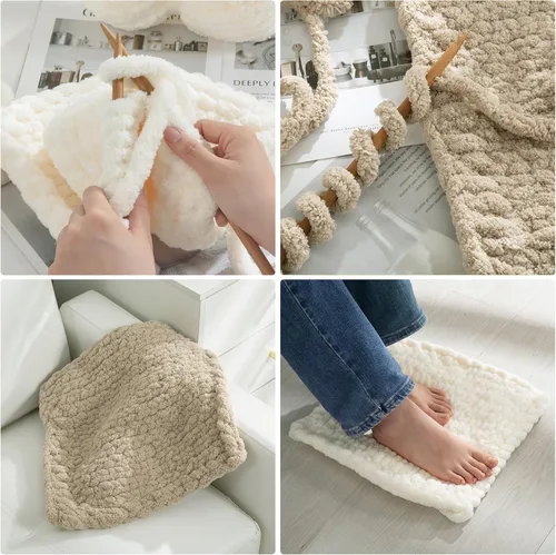 Miniatura 5 de HOMBYS 4 hilos de felpilla gruesos color crema + 4 caqui para tejer a mano, hilo de ganchillo suave y esponjoso, hilo grande súper voluminoso