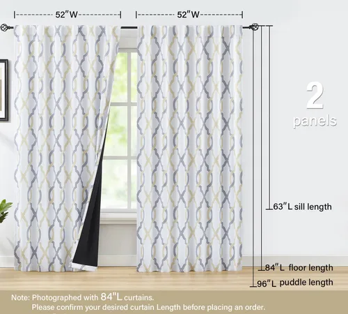 Miniatura 6 de FMFUNCTEX Cortinas 100% opacas de 84 pulgadas de largo para dormitorio, cortinas con patrón geométrico amarillo gris sobre blanco, cortinas