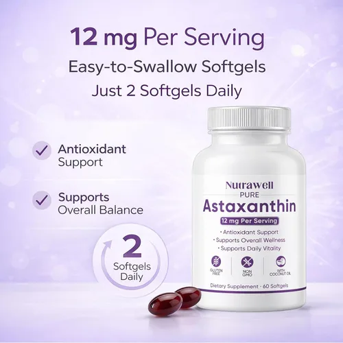 Miniatura 7 de NutraWell Astaxantina 12 mg, con aceite de coco, suplemento de apoyo antioxidante, sin OMG, sin gluten, 60 cápsulas blandas