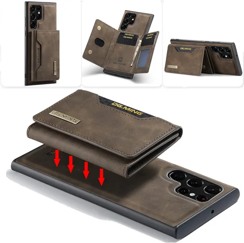Funda de cuero para Samsung Galaxy S22 Ultra 2 en 1 Funda magnética desmontable de protección trasera Funda delgada para teléfono con tarjetero Café