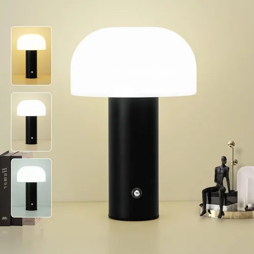 Lámpara de mesa inalámbrica con forma de hongo recargable, lámpara portátil de 4000 mAh, lámpara moderna de atenuación continua de 3 colores para