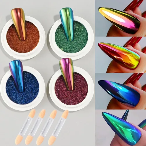 Polvo de uñas cromado camaleón, 4 piezas de pigmento mágico con purpurina para uñas con esponja metálica para frotar polvo Y2K, efecto galaxia,