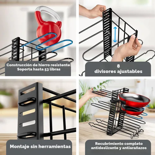 Miniatura 5 de Organizador de ollas y sartenes debajo del gabinete, organizador de sartenes ajustable de 8 niveles para gabinete, organizador de ollas y sartenes