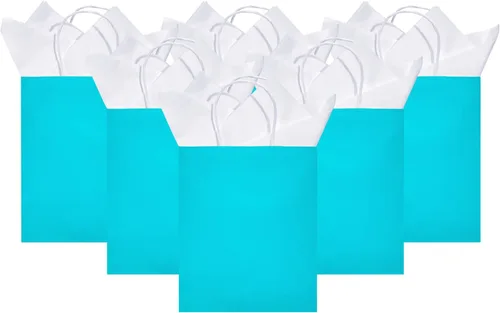 Miniatura 8 de DjinnGlory Paquete de 24 bolsas de regalo de papel azul turquesa de tamaño mediano con asas de 10 x 8 x 4 pulgadas y 24 papel de seda para Verde