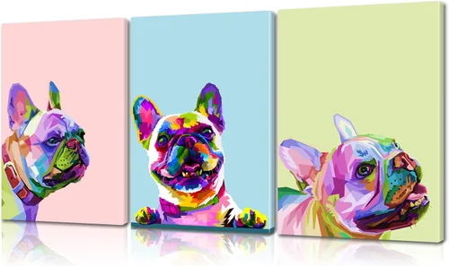 Arte de Pared de Bulldog Francés de 3 Piezas Arte de Pared de Lienzo de Perro - Pintura de Bulldog Francés con Marco de Madera Incorporado (12x16x3