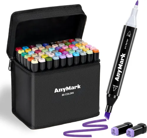 AnyMark Marcadores de alcohol, 60 colores de doble punta para adultos, dibujo de libros, bocetos, pintura, cincel y fino, negro