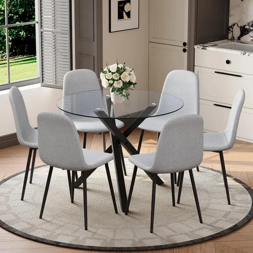 Miniatura 34 de Juego de mesa de comedor redonda para 6, juego de mesa de comedor de vidrio de 39 pulgadas con base de metal ajustable dorada en forma de X y 6