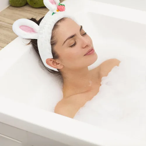 Miniatura 7 de CAVETEE Juego de 3 piezas de diadema linda - Diadema elástica cosmética de spa, pulsera para mujeres, cuidado facial y ducha Oreja de conejo blanco