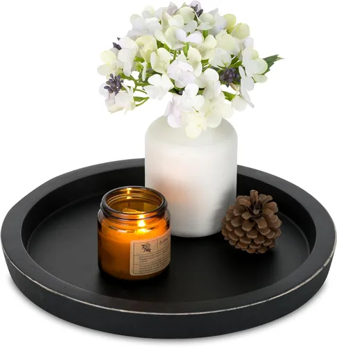 Hanobe Bandeja de madera para mesa de centro: Portavelas y plato negro redondo decorativo - Centro de mesa vintage rústico de granja para decoración
