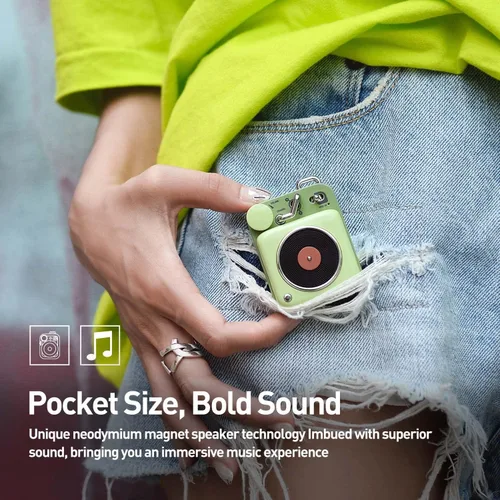 Miniatura 4 de Mini altavoz Bluetooth portátil Muzen, botón pequeño, lindo, retro, inalámbrico, de metal, con volumen alto, gran sonido y cordón portátil y bolsa