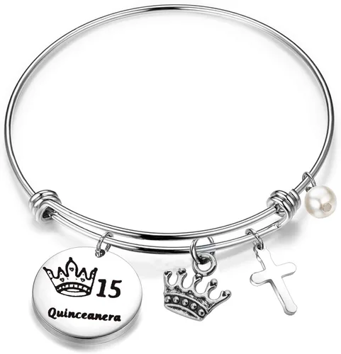 FEELMEM Quinceañera - Pulsera de 15 cumpleaños para niñas y niñas 15 años de quinceañera brazalete de alambre expandible joyería de membrillo para