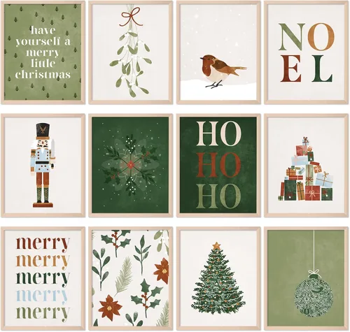 AnyDesign 12 piezas de arte de pared bohemio de Navidad, póster minimalista de acuarela, arte de Navidad, decoración de habitación para árbol de