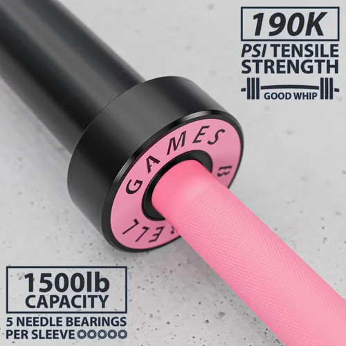 Miniatura 3 de Synergee Games Barras olímpicas recubiertas de cerámica de 15 kg y 20 kg en color. Estimadas en 1500 libras para levantamiento de pesas y potencia.