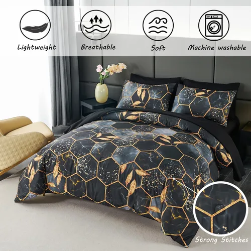 Miniatura 2 de ZRNBAST - Juego de edredón de nido de abeja negro de tamaño completo de 7 piezas, ropa de cama hexagonal suave y ligera, de mármol para todas