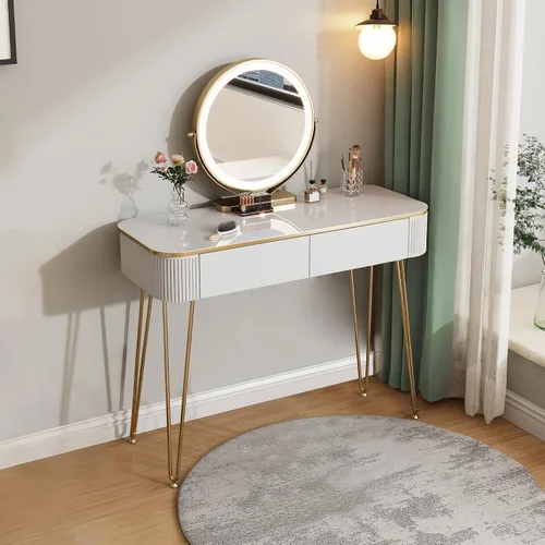 Furnistar Tocador Pequeño con Espejo Redondo y Luces| 39" Mesa de Tocador Moderna con 2 Cajones| Mesa de Maquillaje para Dormitorio Blanco y Dorado
