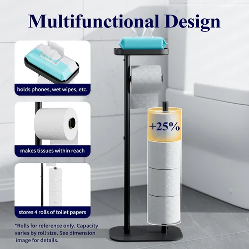 Miniatura 3 de Kitsure Portapapel Higiénico de Pie – Soporte de Papel Higiénico de Metal a Prueba de Óxido para 4 Rollos con Base Antideslizante y Estante
