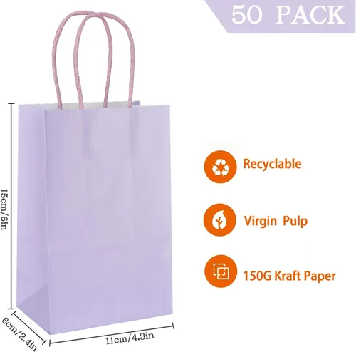 Miniatura 2 de AZOWA Bolsas de regalo Mini bolsas de papel kraft con asas (6 x 4.3 x 2.4 pulgadas, color morado claro, 50 unidades)