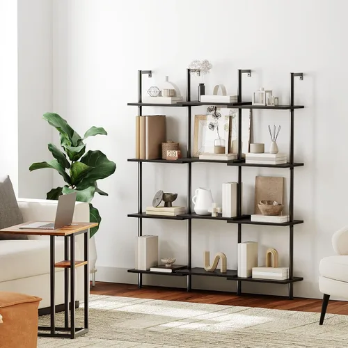 Miniatura 2 de HOOBRO Estantería de escalera DIY, estantería de 6 niveles de madera montada en la pared, estantería estrecha, estante de exhibición, estante
