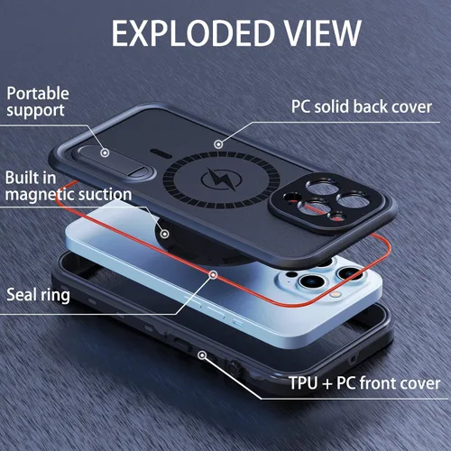 Miniatura 5 de Funda magnética para iPhone 13 Pro Max con carga Mag-Safe, resistente al agua con función atril protector de pantalla integrado de grado militar
