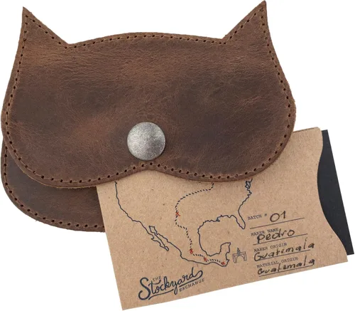Miniatura 7 de Hide & Drink, Cartera con forma de gato hecha a mano de cuero de grano completo, Bourbon Marrón, Vintage