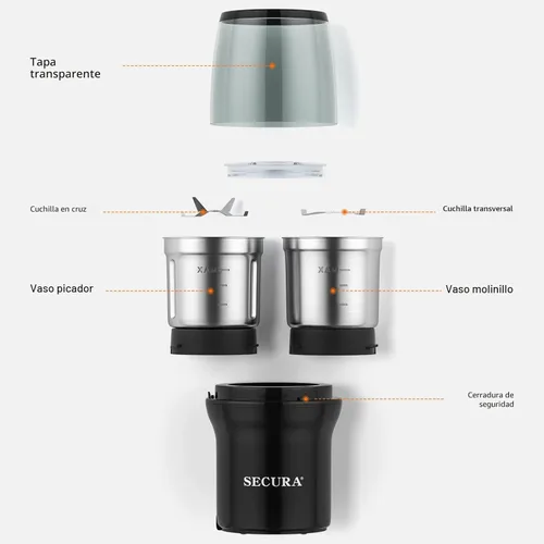 Miniatura 5 de Secura - Molinillo eléctrico para especias, cuencos duales de acero inoxidable para molienda húmeda y seca, uso múltiple para especias y café