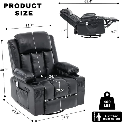Miniatura 2 de Rocker - Silla reclinable con calor y masaje, silla reclinable giratoria de 360° para adultos, asiento reclinable de piel sintética con 2 portavasos